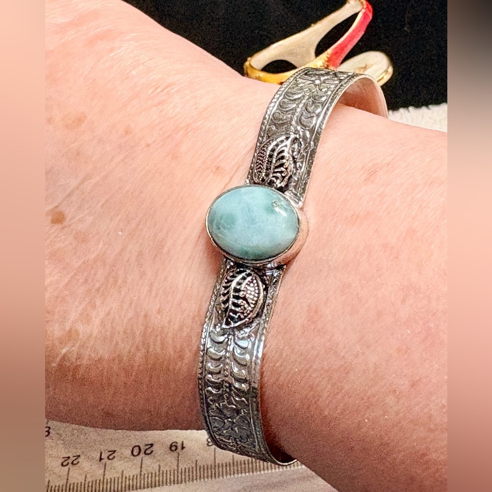 Solid/bold Larimar Cuff Bracelet with Silver Accents-stamped 925 - Picture 4 of 11